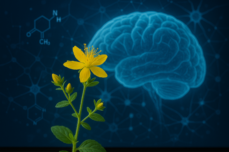 St. John’s Wort flower in front of a scientific brain illustration symbolizing natural depression support