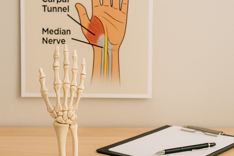 Anatomical wrist and hand model with carpal tunnel syndrome poster and ergonomic tools in a chiropractic office.