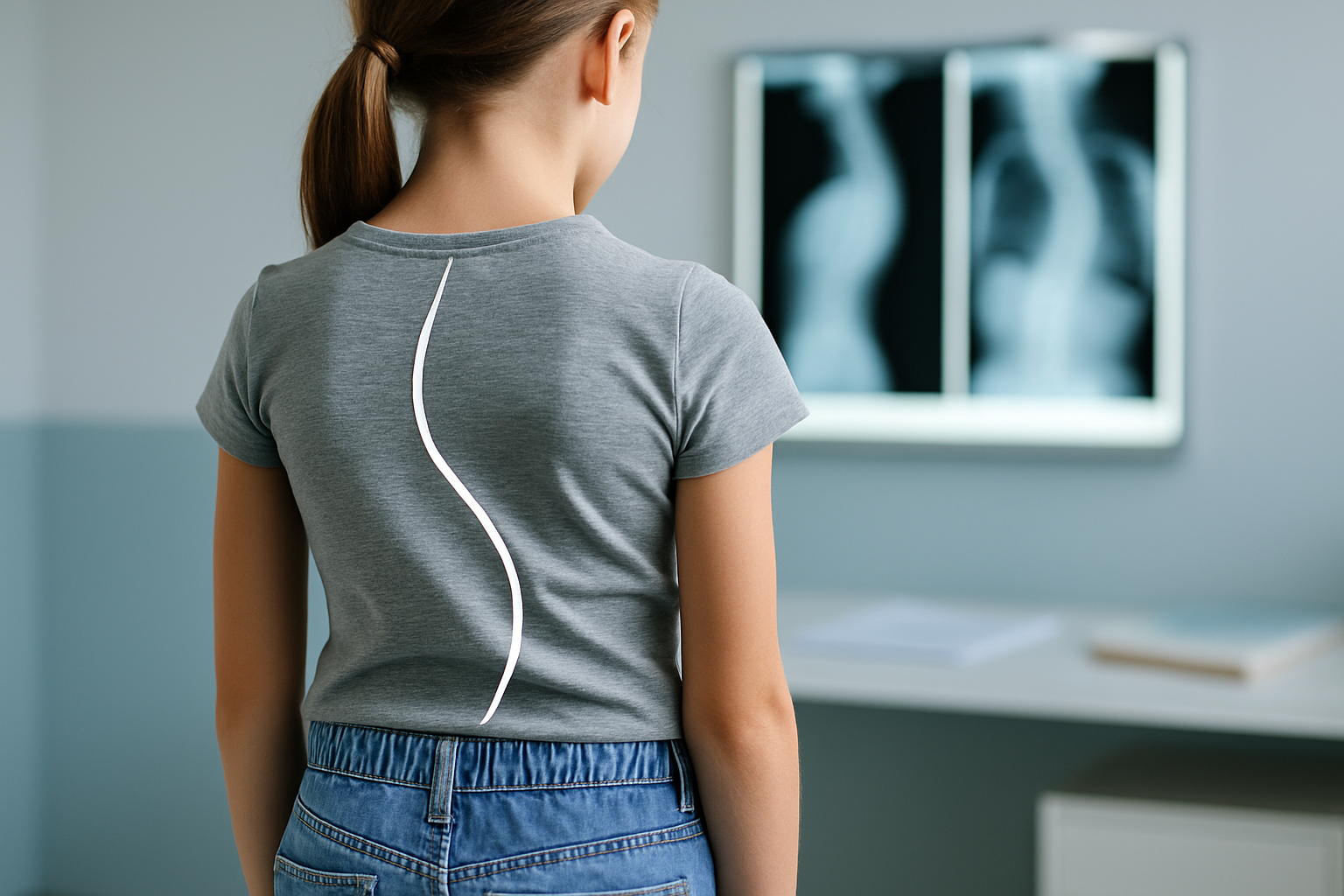 Mild spinal curve on a child’s back with X-ray images in background during scoliosis screening